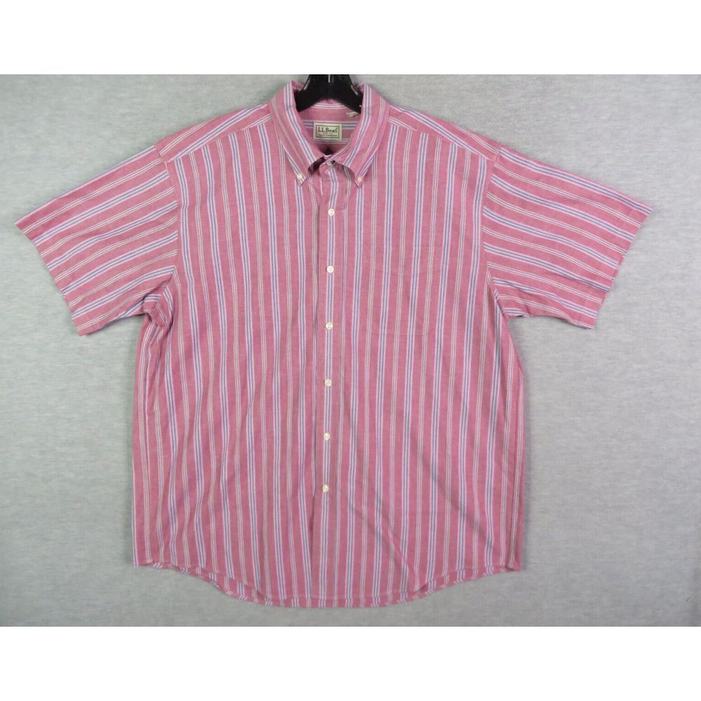 LL‎ Bean Mens Shirt XL Red Blue Stripe Button Up Short Sleeve Outdoor Hiking